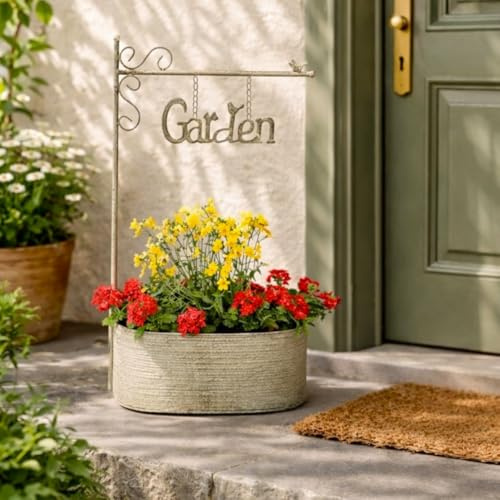 OF Gartenschild Deko Garden mit Blumenkasten aus Metall zum Bepflanzen - Willkommen Blumentöpfe (66 cm hoch)