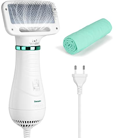 Ownpets 2-in-1 Hundefön mit Fellkamm, 300W, Temp einstellbar | Gummierte Schutzstifte, Entfernt Unterwolle, Inkl. Schnelltrocknendes Handtuch, Sanfte Massage