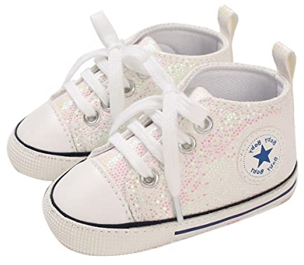 SIFANGPING lära-gå-skor baby halkfri och ventilerande 0–18 m canvasskor med mjuk sula för pojkar och flickor, glitter beige, 20 EU