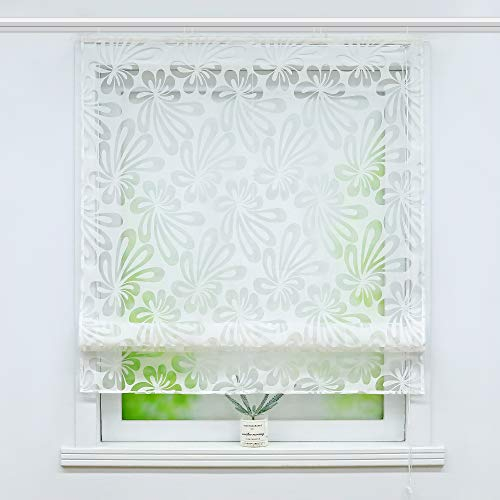 Delien Raffrollo mit Klettband Voile Transparente Ausbrenner Gardine Raffgardine Modern Raffvorhang mit Blumenmuster Kurzschals Bändchenrollo Küchengardinen 1 St. BxH 120x140cm,Weiß