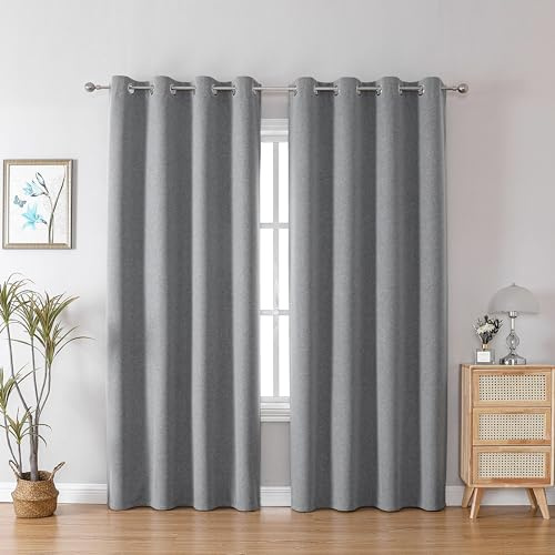CUCRAF 100% Blackout Curtains Light Grey thermal curtains 84 Inch Drop 2 Panels Soft Texture Eyelet Curtains for Bedroom Living Room 52 X 84 Inch(double-sided Linen)