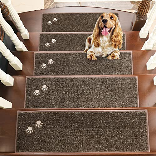 BEQHAUSE Stair Treads for Wooden Steps 28inX9in, Non Slip Carpet Stair Treads Indoor Stair Runners Machine Washable, Soft Stair Rugs Mat Surface Polyester TPE Backing, 15pcs, Brown
