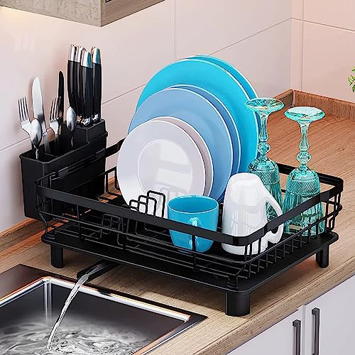 JUPPLIES Escurreplatos Inoxidable 41.5 × 31 × 15.5 cm — Drenaje Automático 360°, Soporte Extraíble para Cubiertos y Portavasos — Encimera Seca y Ordenada, Negro