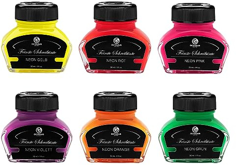 Octopus Fluids Neon-Textmarkertinte für Füllhalter, 6 x 30 ml | Sechs Neonfarben, pigmentiert und lichtecht, zum Markieren und Schreiben, fluoreszierend unter UV-Licht