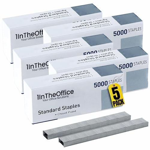 1InTheOffice Standard häftklamrar, häftklamrar för häftapparat, ersättningshäftklamrar, 1/4 tum benlängd, 5 000 häftklamrar/förpackning, 5-pack
