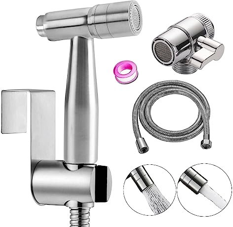 Bidet Edelstahl Handbrause, handgehaltenes Bidet-Toilettensprühgerät mit Dual-Modus (Jet/Stream) ， mit Wasserhahnspender, Schlauch- und Hakentoilette oder WandhalterungBidet-WC-Aufsatz aus Edelstahl