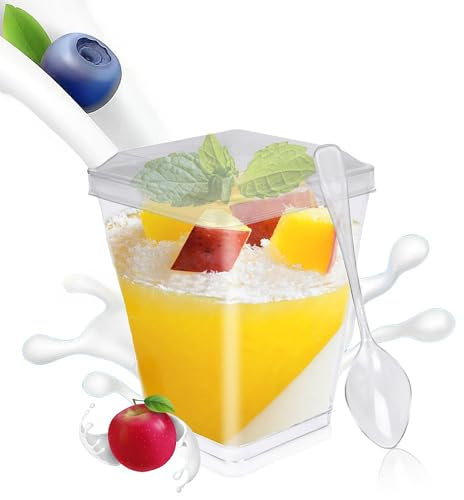 Wynott 50PCS Mini Dessert Cups Set - 160ml Reusable Plastic Square Parfait Pots With Lids and Spoons, Clear Appetizer Serving Bowls for Cake and Jelly