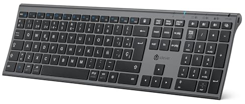 iClever Teclado Bluetooth BK23-QWERTY Español Teclado Inalámbrico para Mac con Batería Recargable Tamaño Completo Dedo Multidispositivo Multi-OS Gris Negro