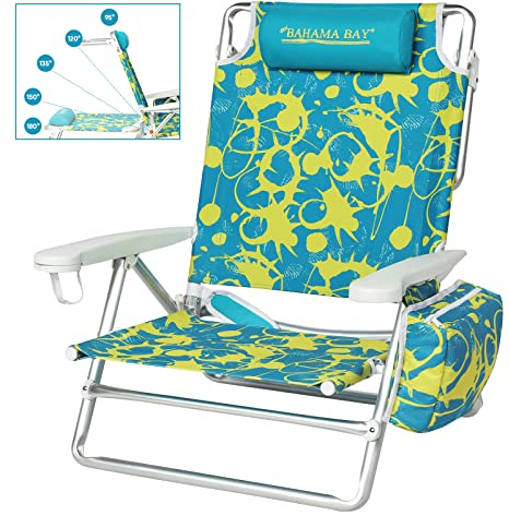 Old Bahama Bay Backpack Beach Chair, Aluminum Lightweight Reclining 5-Position Lounge Chair for Adults Heavy Duty Support 400 LBS Portable Folding with Cooler Bag Camping Chair for Sand Outdoor