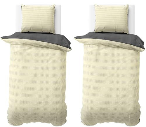 Visaggio Bettwäsche Seersucker 135x200 cm Beige Anthrazit Uni Einfarbige Wende Doubleface Mikrofaser Bettbezug Garnitur 4 teilig