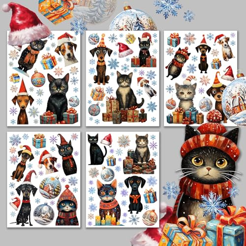 Decoupage Paper Pack (15 Sheets 8x11) Cats and Dogs with Christmas Gifts Naïve Art HANATABA Vintage Styled Ephemera Pictures for Decoupage Craft and Scrapbooking