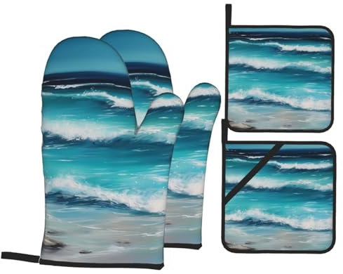 Lot de 4 gants de cuisine et maniques résistants à la chaleur - Turquoise - Imprimé paysage marin original - Gants antidérapants pour barbecue - Pour griller, cuisiner, pâtisserie