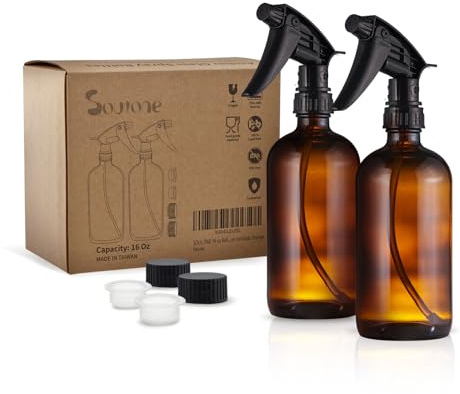SOUL ONE 16 oz Refillable Amber Glass Spray Bottles with Adjustable Nozzles- 2 pack, Squirt Bottles for Cleaning Solutions, Essential Oils, Plants, Hair Misting - Ideal for Hydrogen Peroxide Storage