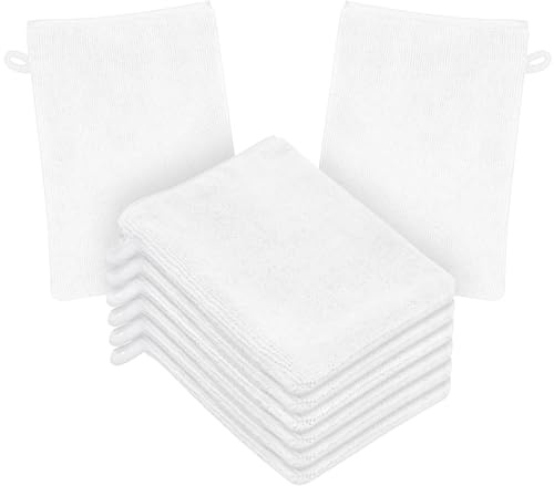HOTUT Gants de Toilette en Microfibre, Lot de 8 Gants de Nettoyage du Visage Doux, Chiffon de Bain en Microfibre, Serviette de Visage, Gants Démaquillants Réutilisables 15 X 20cm Blanc