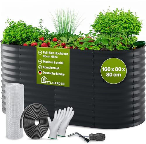 TTL GARDEN 160x80x80cm Elegance M Metall Hochbeet Anthrazit - Stahl rostfrei verzinkt & grau lackiert Wellblech ovale Form sehr stabil Garten Beet für Gemüse Kräuter Blumen Gartenbeet Gemüsebeet