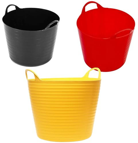 40 Litres Strong Robust Flexible Tubs Multi Purpose Storage Container Bucket Black Yellow or Red Coloured For Garden & Home (3, Black)