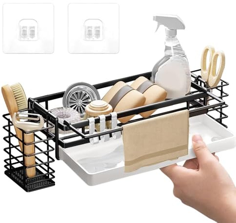 LPAMABA Organizador de fregadero de pared, organizador de lavabo, sin agujeros, organizador de fregadero, soporte de esponja con bandeja de drenaje, toallero, estante para fregadero (A)