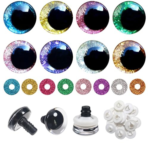 TOAOB 32 Stück Sicherheitsaugen für Häkeltiere 25 mm Glitzer Bunt | 8 Farben Kunststoff Augen, Sicherheitsaugen mit Unterlegscheiben für DIY Basteln, Marionette Puppenherstellung Tieraugen