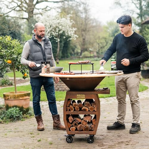 BBQ Plancha Grill Companero 2.0 XXL Corten mit Holzrand 80x80x112,5 cm Grillring feuerring feuerschale mit feuerplatte komplett grilltonne feuerkorb platte feuerstelle Feuerschalen