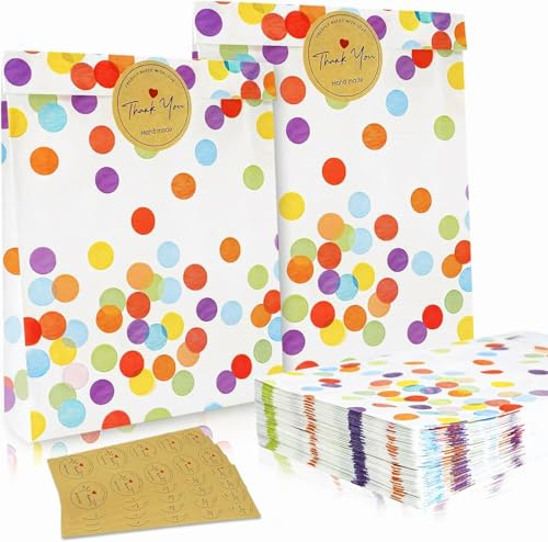 50 Stück Geschenktüten Kindergeburtstag Mitgebsel Tüten mit 50 Aufkleber | 19 x 12.9 x 3,5 cm Kraftpapier Regenbogen Punkt Tüten Kindergeburtstag Papiertüten kindergeburtstag für Party und Festival