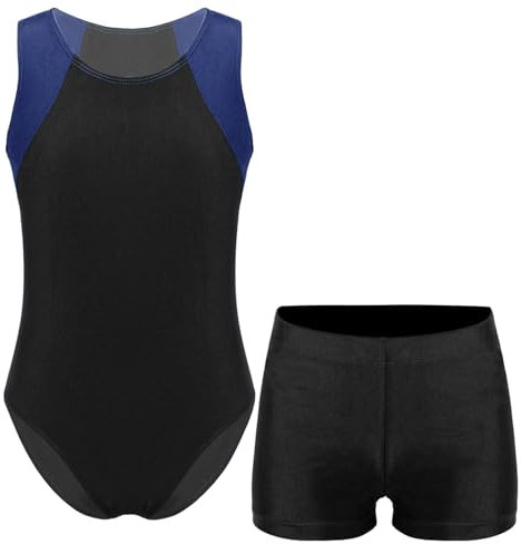 Jowowha Kinder Ballettanzug Jungen Gymnastikanzug Turnanzug Ballett Trikot Leotard Ärmellos Body mit Shorts Gym Sportwear Marineblau&Schwarz 134-140