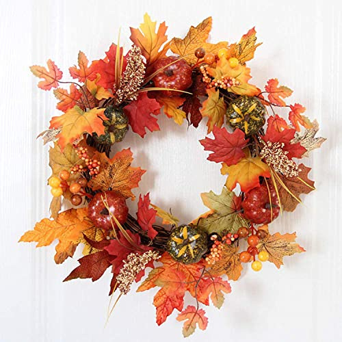 40cm Autumn Wreath, Autumn Wreaths for Front Door, Fall Autumn Door Wreath Artificial Pumpkin Wreath with Maple Leaf Pumpkin Berries, Thanksgiving Halloween Decorations for Window Wall Outdoor (B)