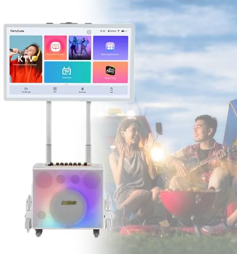 IYUESQ Karaoke portátil con Bluetooth, Equipo de Karaoke con Pantalla táctil de 32 y 2 micrófonos inalámbricos, luz LED de Color, máquina Profesional Plegable (Blanca)