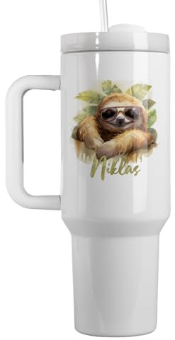 Großer Trinkbecher mit Strohhalm Personalisiert | 1200ml Thermobecher mit Deckel und Strohhalm | Trinkflasche Bedruckt mit Faultier-Motiv und Name | Geschenkidee Ostern Erwachsene | Sonnenbrille