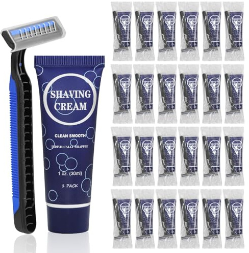 Manuelles Rasierer-Set, Einweg-Rasierer, einzeln verpackt, glatte Rasiermesser mit Rasiercreme, Toilettenartikel für Hotel, Wohltätigkeitsorganisation, Camping, Reisen, Obdachlose (30)
