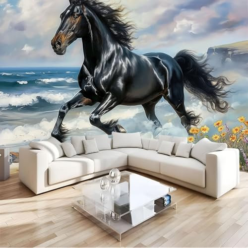 JEDTAKCT 300X210Cm Seidetapete Wellen Schwarzes Pferdtapete Elegance Tapete Im Ölgemälde Tiere Design Tapete Wandtapete Wohnzimmer Schlafzimmer Flur Strukturtapete