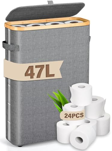 Toalettpapper förvaringskorg med lock, 47 l bambu toalettpapper arrangör badrum arrangör, synlighet klarrullförvaring med handtag och fötter förvaring för 16–24 rullar