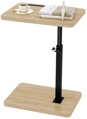 IBUYKE C Shaped Side Table, 360° Swivel Height Adjustable End Table for Small Spaces, with Phone & Tablet Slot, Modern Small Coffee Snack Table for Sofa/Bed, Natural TVT003R