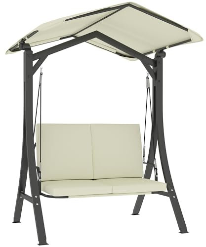 Outsunny Dondolo da Giardino 2 Posti con Tettuccio Parasole Regolabile, Dondolo da Esterno con Cuscini e Struttura in Metallo, Portata Fino a 220 kg, UV 30+, 150x120x182 cm, Crema