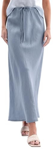 Amazhiyu Röcke Damen Sommer, Leinen Sommerrock Rock Lang Elastische Taille A-Linie Maxi Rock Elegant Casual Frauen Beach Skirts, Blau, XL