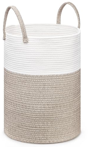 JOJOSEE Large Storage Basket, Rope Laundry Basket with Handle, Tall Woven Rope Storage Baskets,Toy Storage for Kids, Rope Basket for Living Room, Nursery, Bedroom 58L(White & Brown)