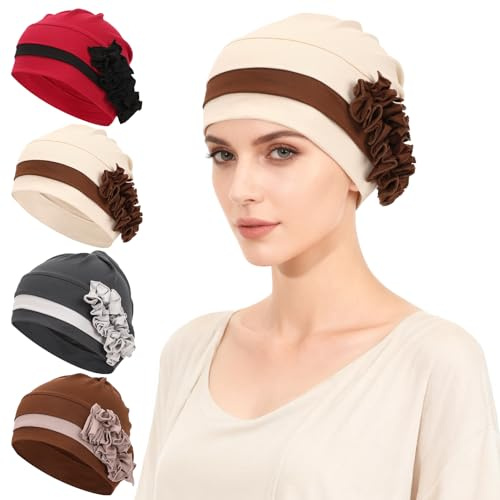 XEPST 4 Stücke Chemo Hüte Soft Caps Krebs Kopfbedeckungen für Frauen Haarausfall, Turban Damen Chemotherapie Krebs Hut Vorgebunden Beanie für Frauen