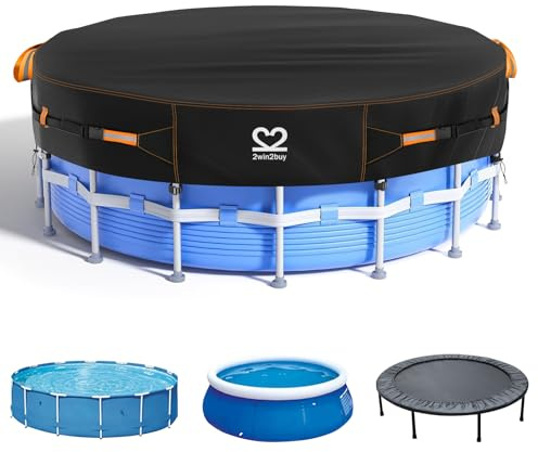 10ft Round Pool Cover Tarp, Solar Pool Covers for Above Ground Pools Heavy Duty 500D Tear-Resistant Waterproof UV Protection Winter Swimming Pools Cover with Windproof Gel-Coate Straps, Drawstring