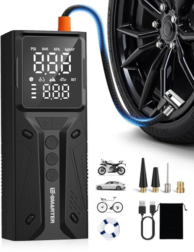 E-SMARTER Tyre Inflator Air Compressor, 6000mAh 150 PSI Bike Pump with Overinflate Protection, Fast Inflation Portable Tyre Inflator for Car LCD Display, Air Pump for Tyres and Other Inflatables