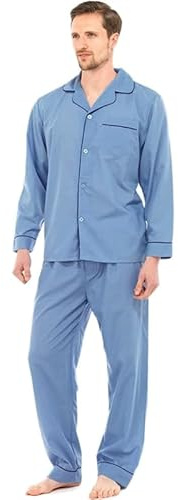 Mens Pyjama Set –Soft Cotton Traditional 2 Piece Pjs Classic Button Down Nightwear Long Sleeve Top & Elastic Waist Bottoms | Sleepwear & Loungewear with Chest Pocket- Blue XL