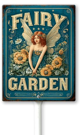 Geroclonup Segnali da giardino fatato con pali in metallo, cartello in alluminio per la decorazione di casa/porta d'ingresso, resistente alle intemperie, 11,7 x 15,2 cm