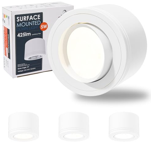 LAMPELIP Dimmable LED Spot en Saillie Orientable, 5W Spots de Plafond, Ø82x52mm 2700K/4000K/5700K Rotation à 30° Spot Salle de Bain, Aluminium Rond Blanc Plafonnier Spot LED Orientable, 4 pièces