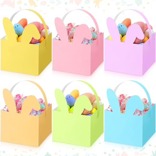 Kolldenn 24 Pcs Small Easter Basket Bulk Mini Bunny Candy Boxes with Handle, Easter Gift Basket Containers, Candy Goody Cookie Treat Box for Party Favor