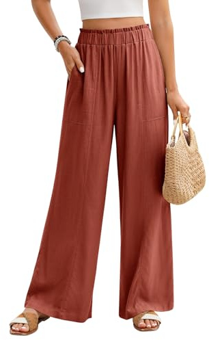 Niwicee Pantalon Fluide Femme Été Pantalon Lin Taille Haute Elastique Pantacourt Jambes Larges Ample Décontractée Palazzo Élégant Pants Solide Coupe Droite Pants avec Poches