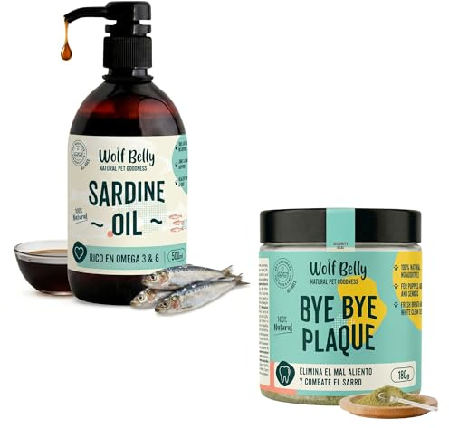 Wolf Belly - Pack Aceite de Sardina (500ml) y Salud Bucal (180g) Natural | Omega 3 y 6 + Higiene Dental | para Perros y Gatos - Producido en UE