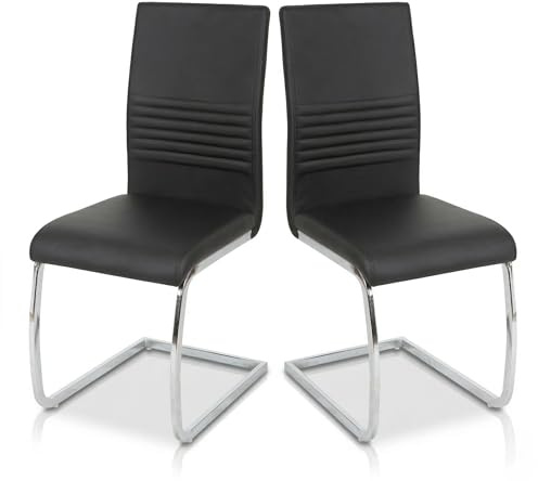 EVRE Cantilever Office Chairs Set of 2 | High Back PU Leather Armless Desk Chair with Chrome Metal Frame & Ergonomic Back Support for Boardroom, Meeting Room & Reception. (Black)