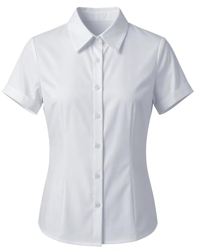 UDILEO Camicia Donna Maniche Corte Elegante Elasticizzata Camicetta Ufficio Formale Business Casual Blusa Aderente Estiva (IT, Testo, XL, Regular, Regular, Bianco)