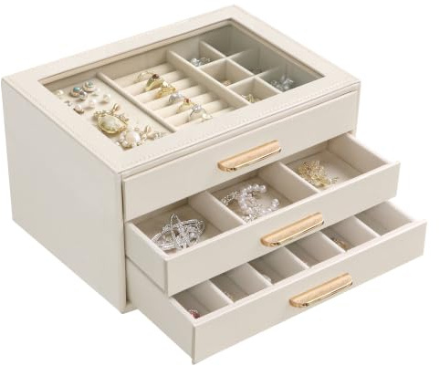 Homeanda Jewelry Boxes Organizer with Glass Lid, 3-Layer PU Leather, Beige