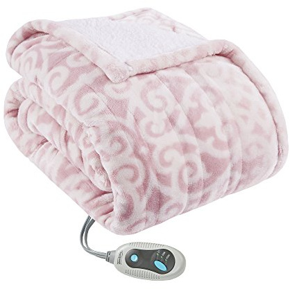 Beautyrest Wearable Electric Poncho Wrap Blanket, Ultra Soft Sherpa & Berber Fleece Heated Throw, UL Certified & Oeko-TEX, 3 Heat Settings & 2 Hour Auto Shutoff, Gift-Ready, 50 x 64, Blush Lattice