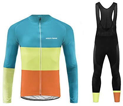 UGLY FROG Herren Radtrikot Langarm Set,Bike Trikot Set Outdoor Sport Anzug Thermal Weich Schnell Trocknend Bunter Druck Langarm + Latzhose Mit Gel Pad Für Männer Frauen Tour of France