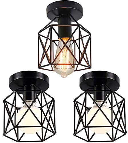 iDEGU Lot de 3 Plafonniers Industriels, 15CM Lustre Fer Forge Noir Cage Suspension Luminaire pour Chambre Entrée Café Bar (3 pcs)